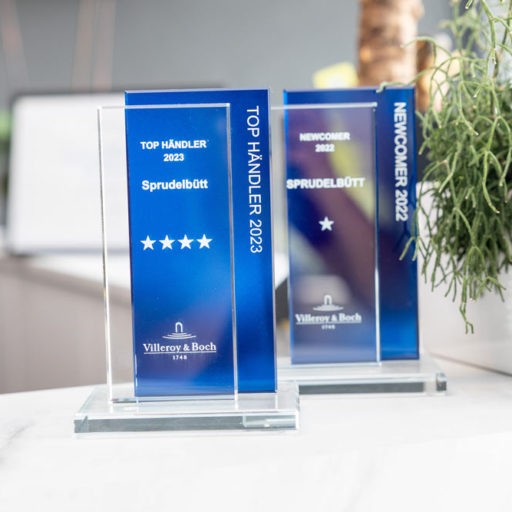 Zwei blaue Auszeichnungen auf Tisch.