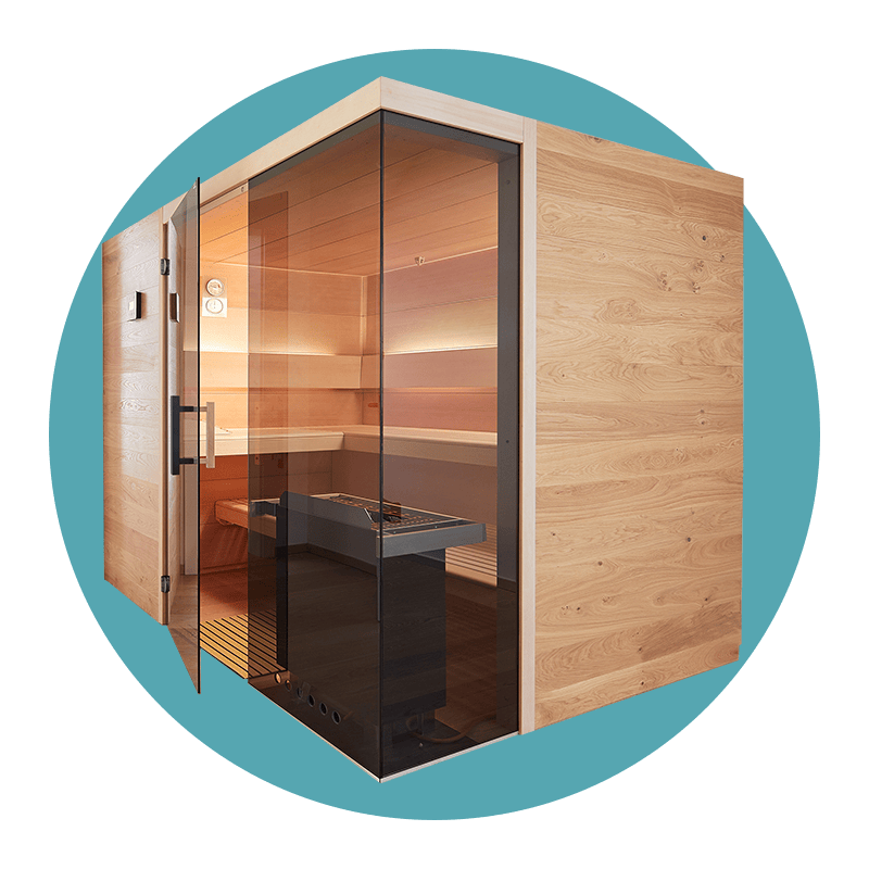 Moderne Sauna mit Glasfront und Holzverkleidung