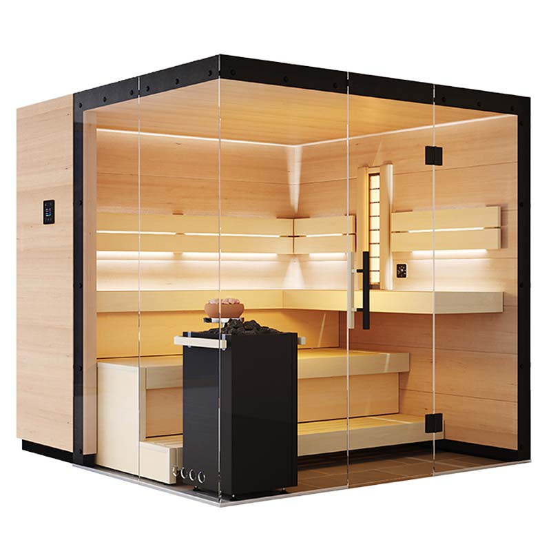 Moderne Glas-Sauna mit Holzverkleidung