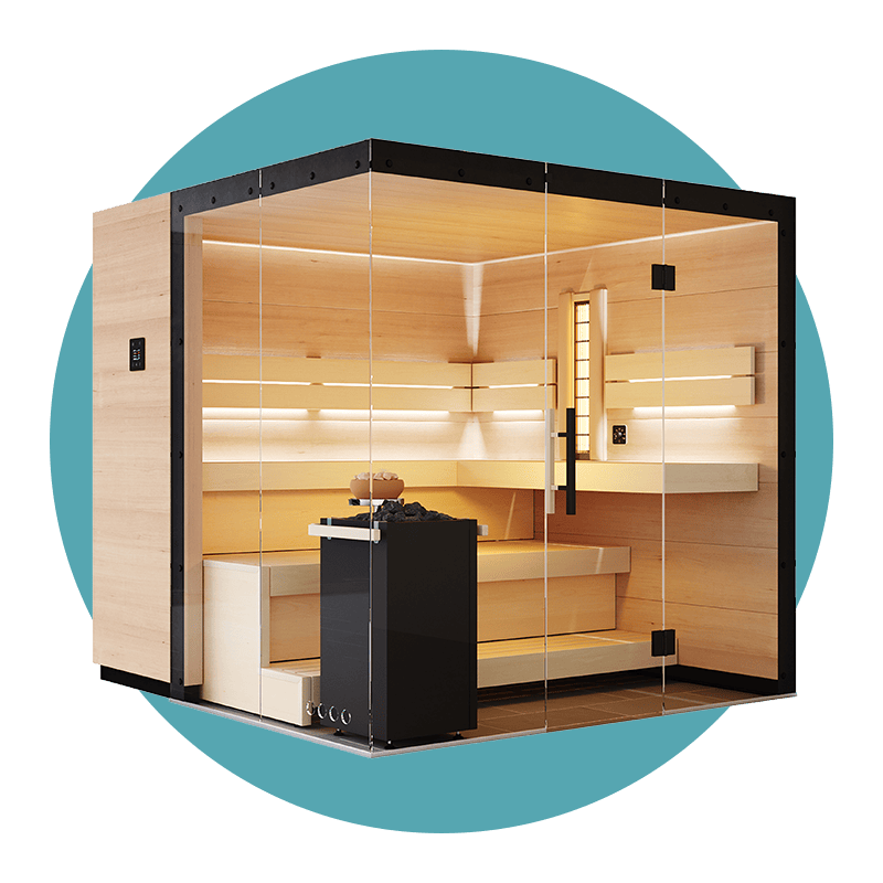 Moderne Sauna mit Glaswänden und Holzinterieur