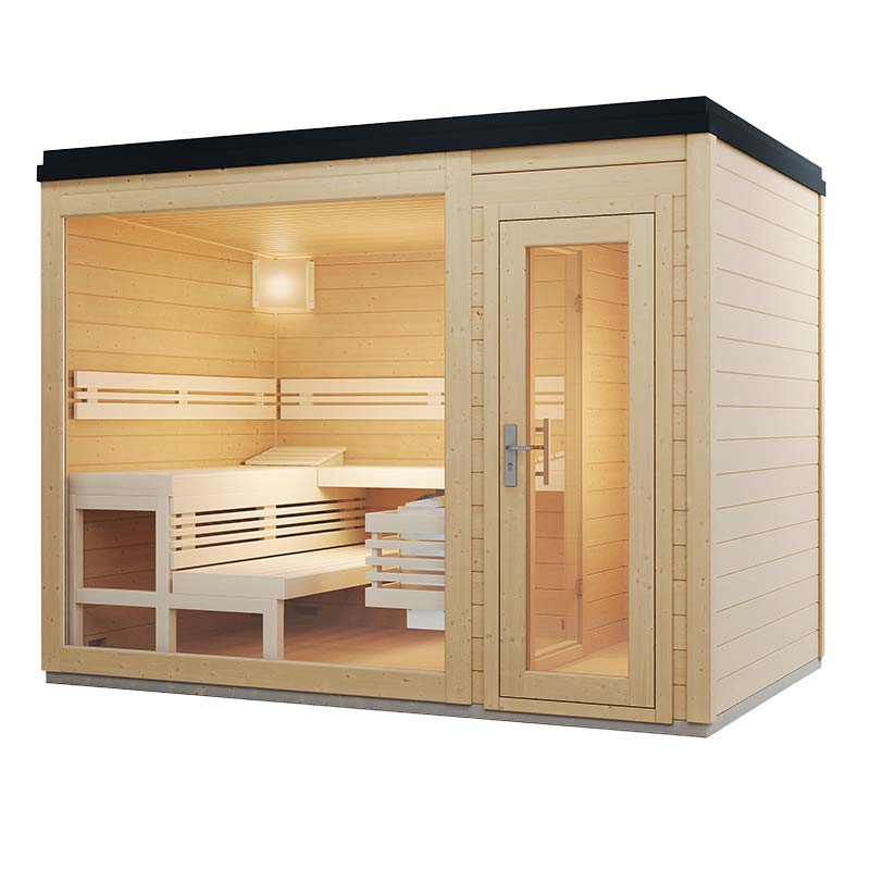 Moderne Holzgarten-Sauna mit Glastür.