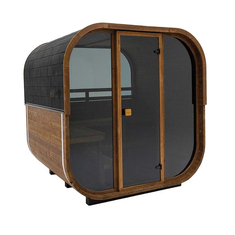 Moderne ovale Außensauna mit Holzverkleidung