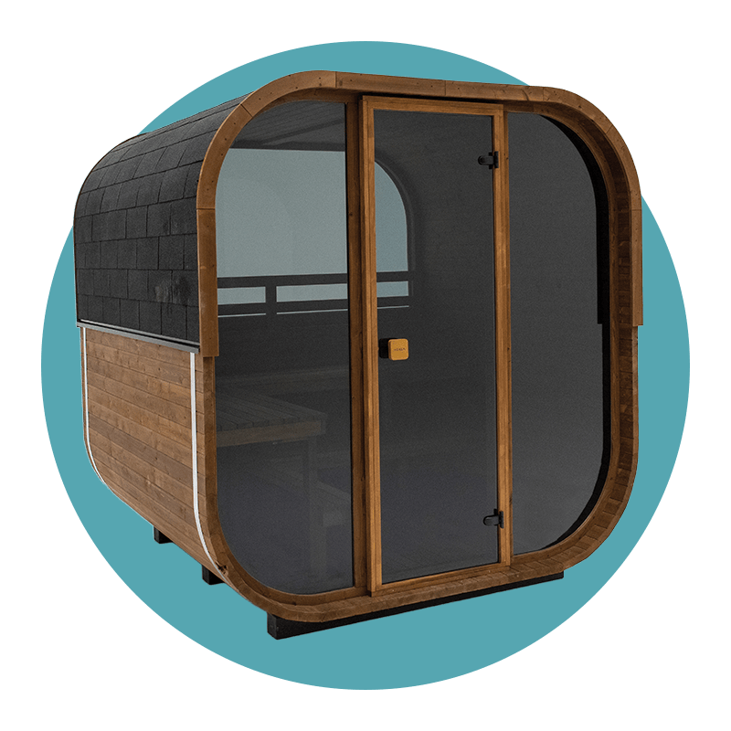 Moderne, runde Sauna mit Holzverkleidung