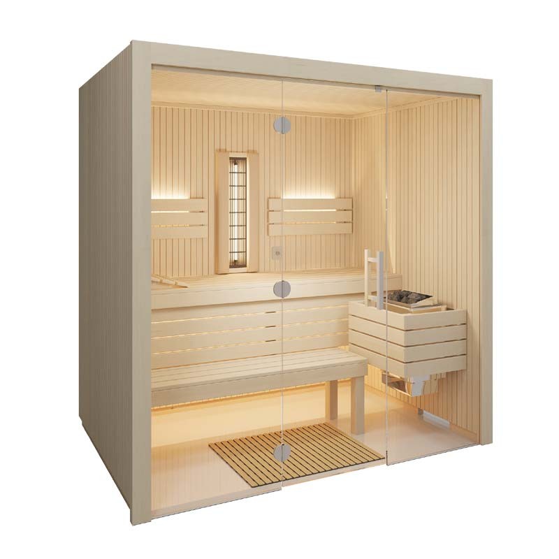 Moderne Holzsauna mit Glasfront.