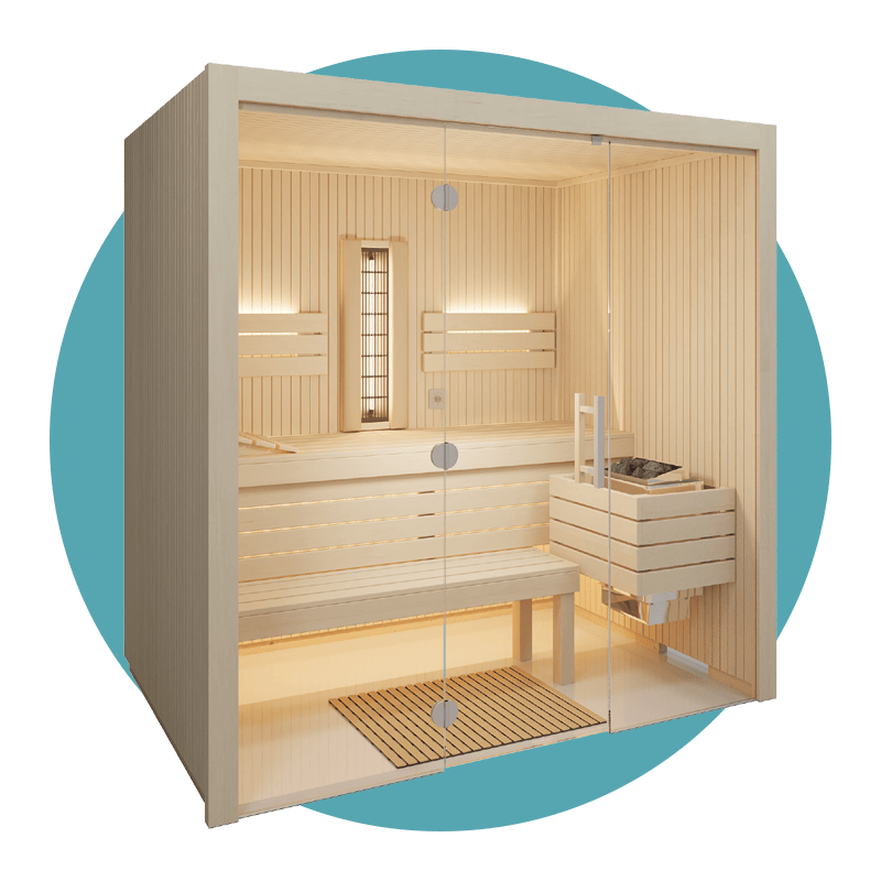 Moderne Sauna mit Glaswänden und Holzbänken.