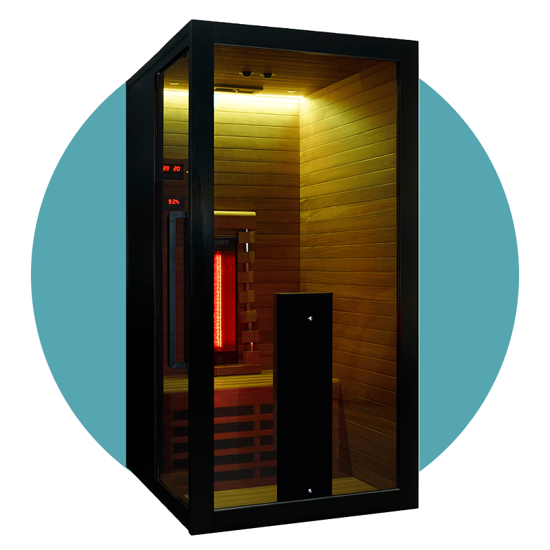 Moderne Infrarotkabine mit Holzverkleidung und Licht.