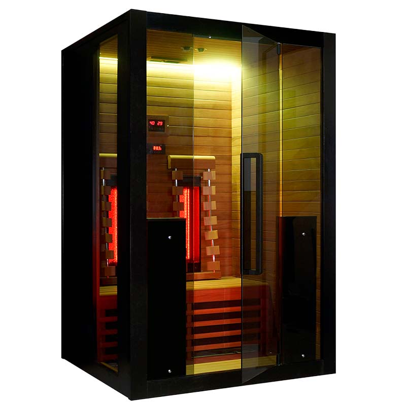 Moderne Infrarot-Saunakabine aus Holz und Glas.