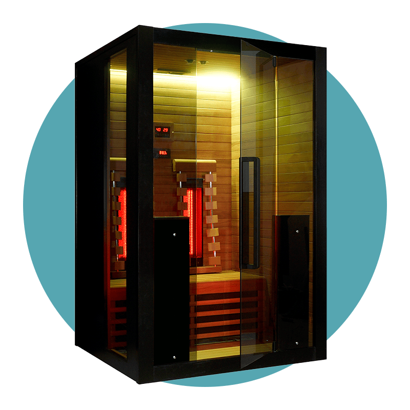 Moderne Infrarotkabine mit Glastür und Holzverkleidung