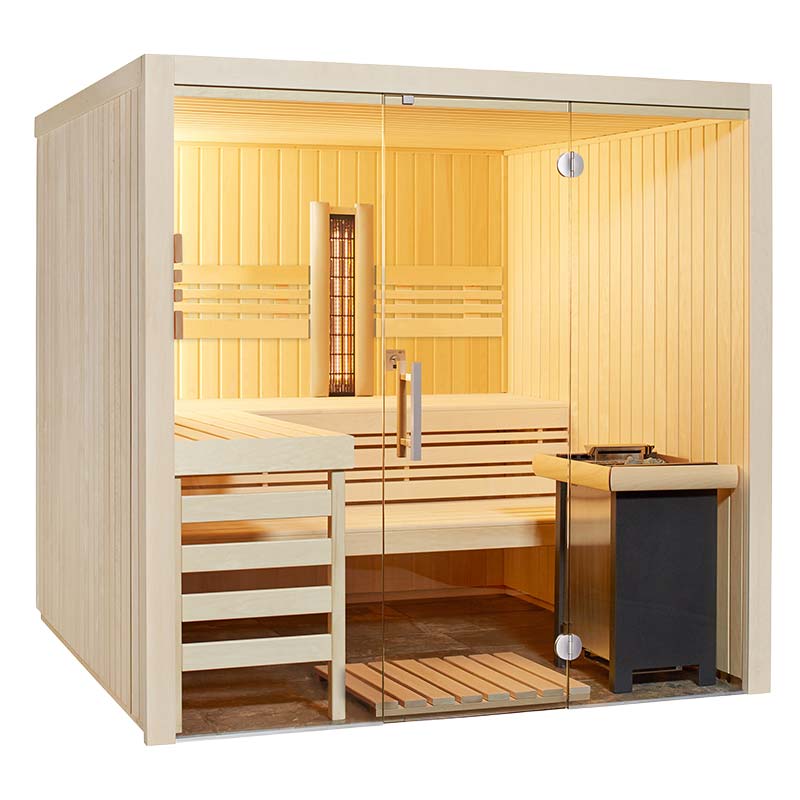 Moderne Holzsauna mit Glastür und Ofen