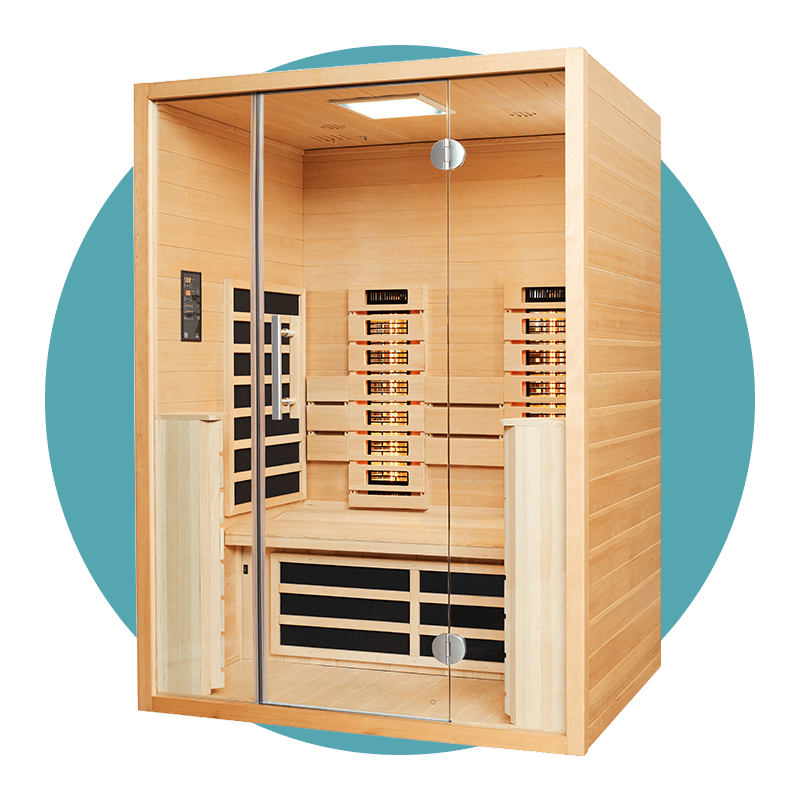 Holzsauna mit Glastür und Sitzbank