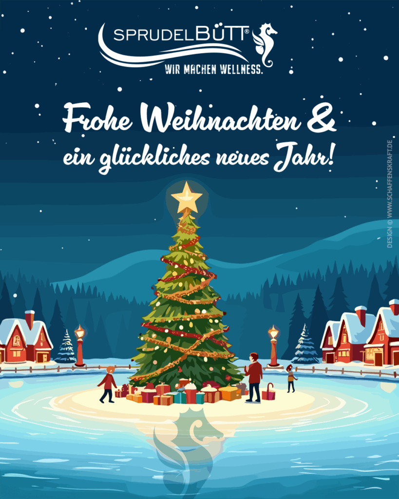 Weihnachtsgruß mit dekoriertem Baum im Schnee.