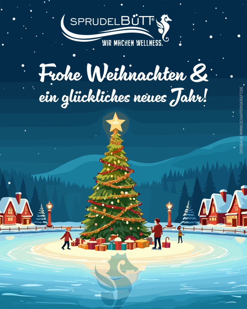 Weihnachtsgruß mit dekoriertem Baum im Schnee.